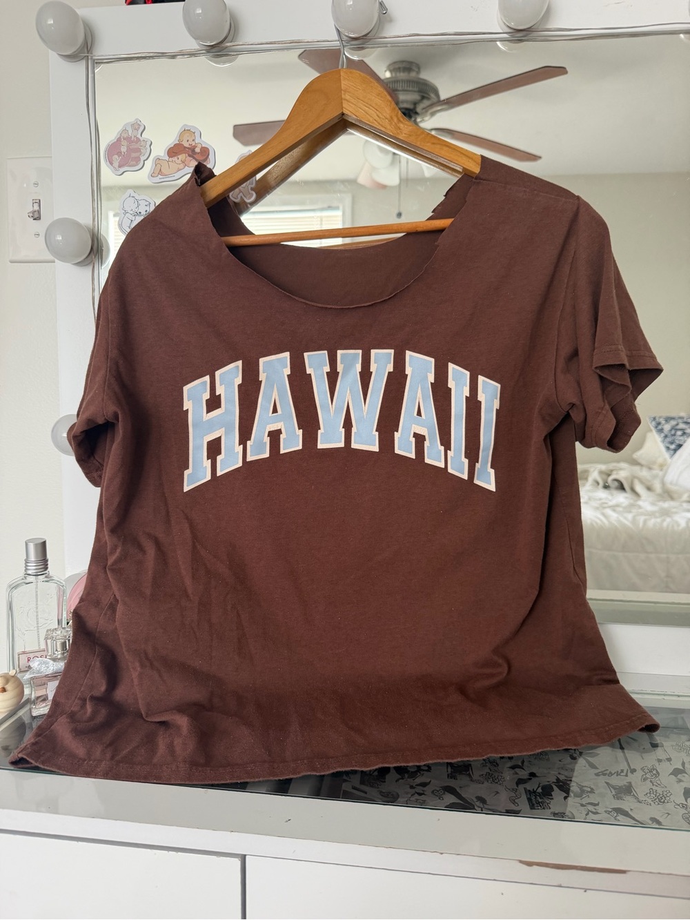 Brown and Light Blue off the shoulder oversized Hawaii shirt